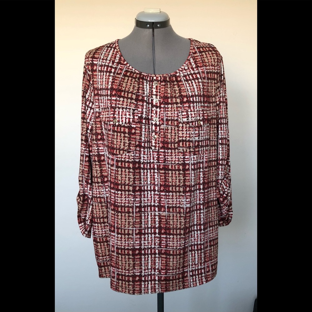 PerSeption Womens top size 2X Burgundy White Turn Up 3/4 Sleeve Semi Loose New